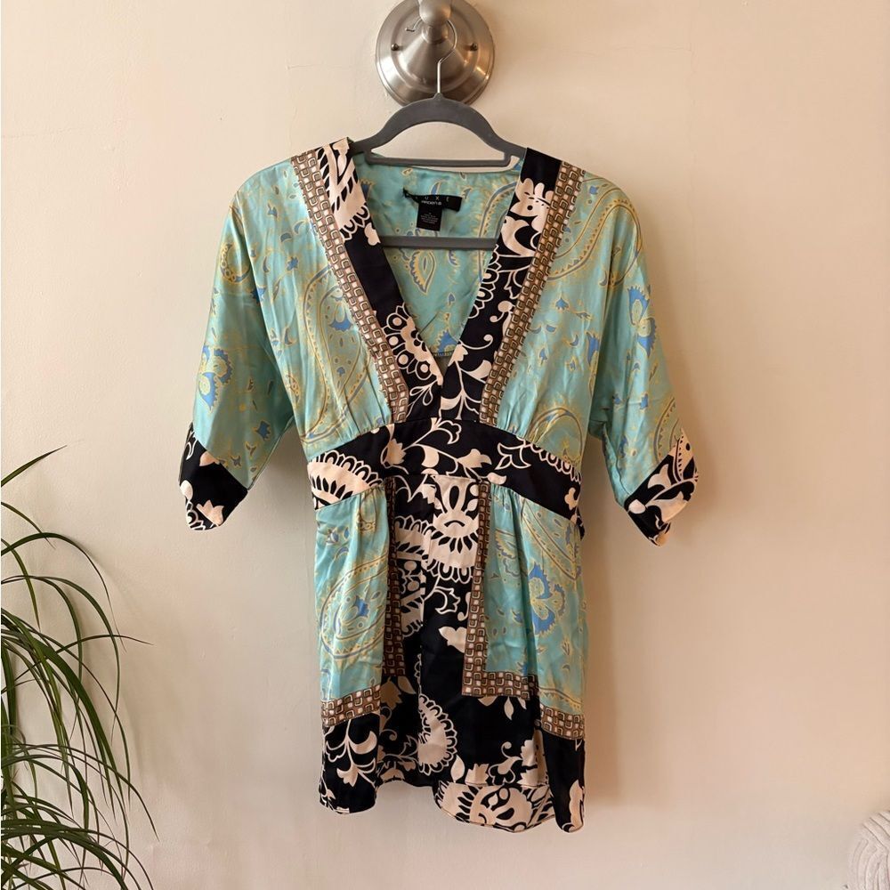 Arden B Silk Kimono Style Top Black Light Blue Draped Blouse Y2K Boho Medium